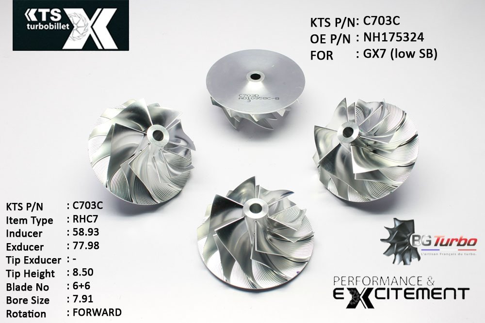 Turbo ROUE FORGÉE MFS PERFORMANCE - 6+6 PALES - INDUCER : 58,93 - EXDUCER : 77,98 - TYPE : RHC7ANGLE : 55° - ROTATION : Forward - SUPER BACK : 2,81 - BORE SIZE : 7,91
